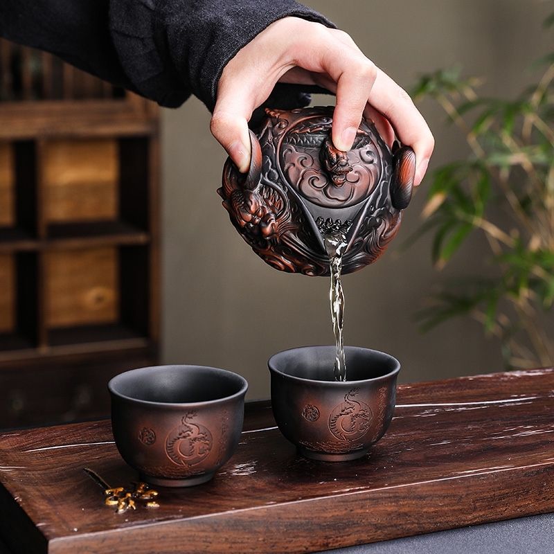 Gongfu Tea Set - Chinese purple pottery handmade pile carving